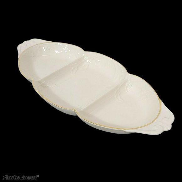 Lenox Off White Ceramic Holiday Heirloom 3 Part Relish Server Tray China Platter - Picture 1 of 11